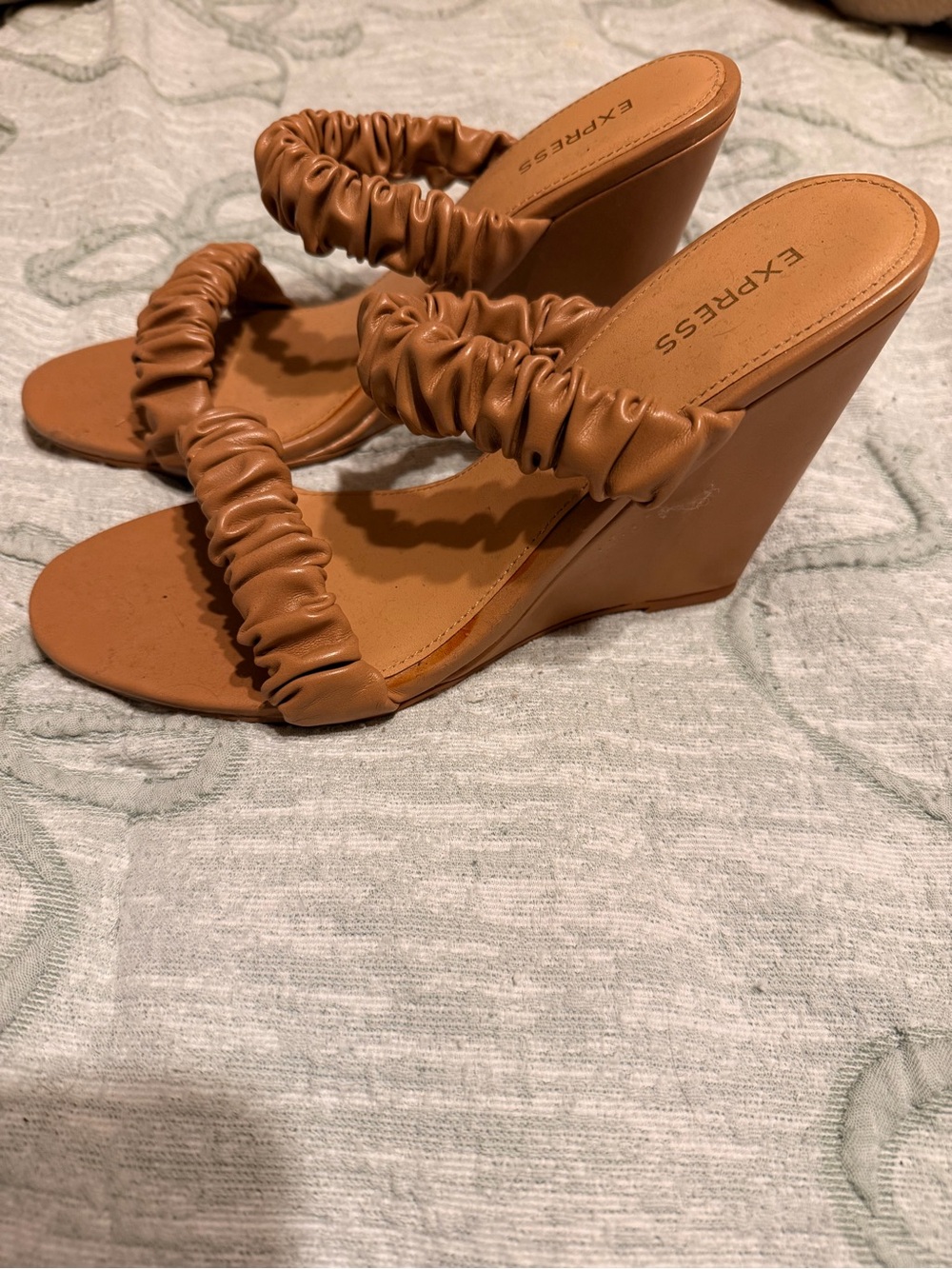 Express Tan Ruched Wedge Sandals